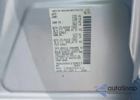 2020 Nissan Murano S Intelligent Awd z USA, uszkodzony, nr VIN 5N1AZ2AS0LN170075